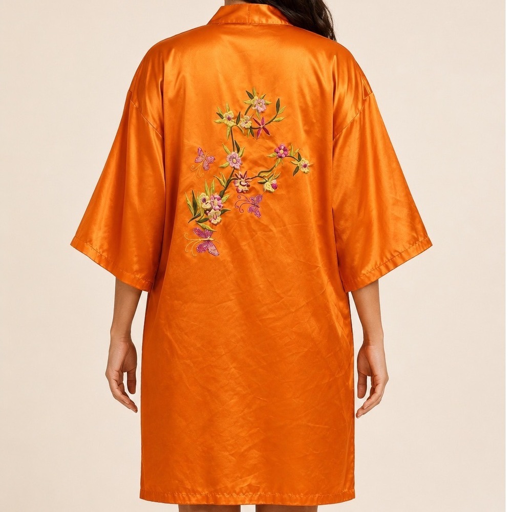 Missy Women Kimono Robe Orange Satin Embroidered Floral Butterfly OS Lounger